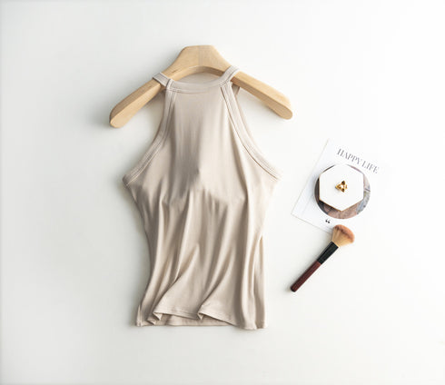 Slim Halter Neck Off-Shoulder Camisole Tops for Women - Stylish Solid Tank Tees with Chest Pad for Comfortable Summer Wear